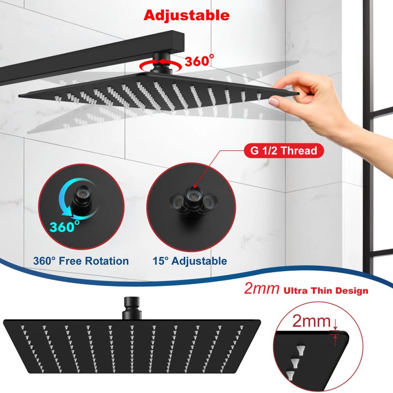 Midanya Rain Shower Head, Stainless Steel Large Rainfall Shower Head High Pressure, Bathroom Waterfall Square Showerhead, Ceiling or Wall Mount, Matte Black 12 Inch - Image 5